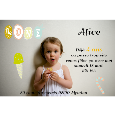 Invitation anniversaire Alice 4 ans - Faire Part Magnet
