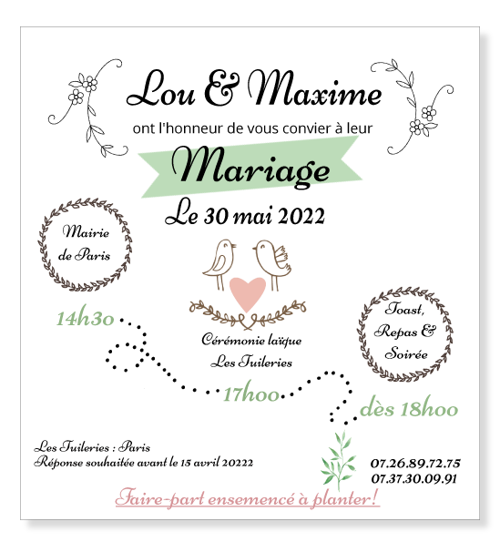 Faire-part de mariage ensemencé botanique