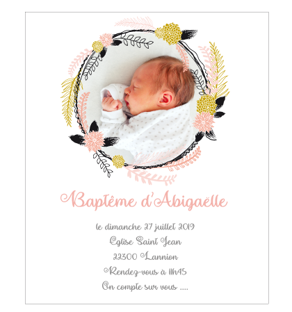 Invitation baptême couronne de fleurs